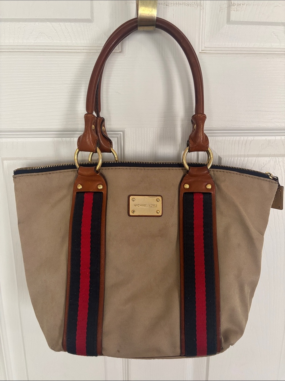 Michael Kors Vintage Beige Canvas Tote with Red & Navy Stripe Webbing